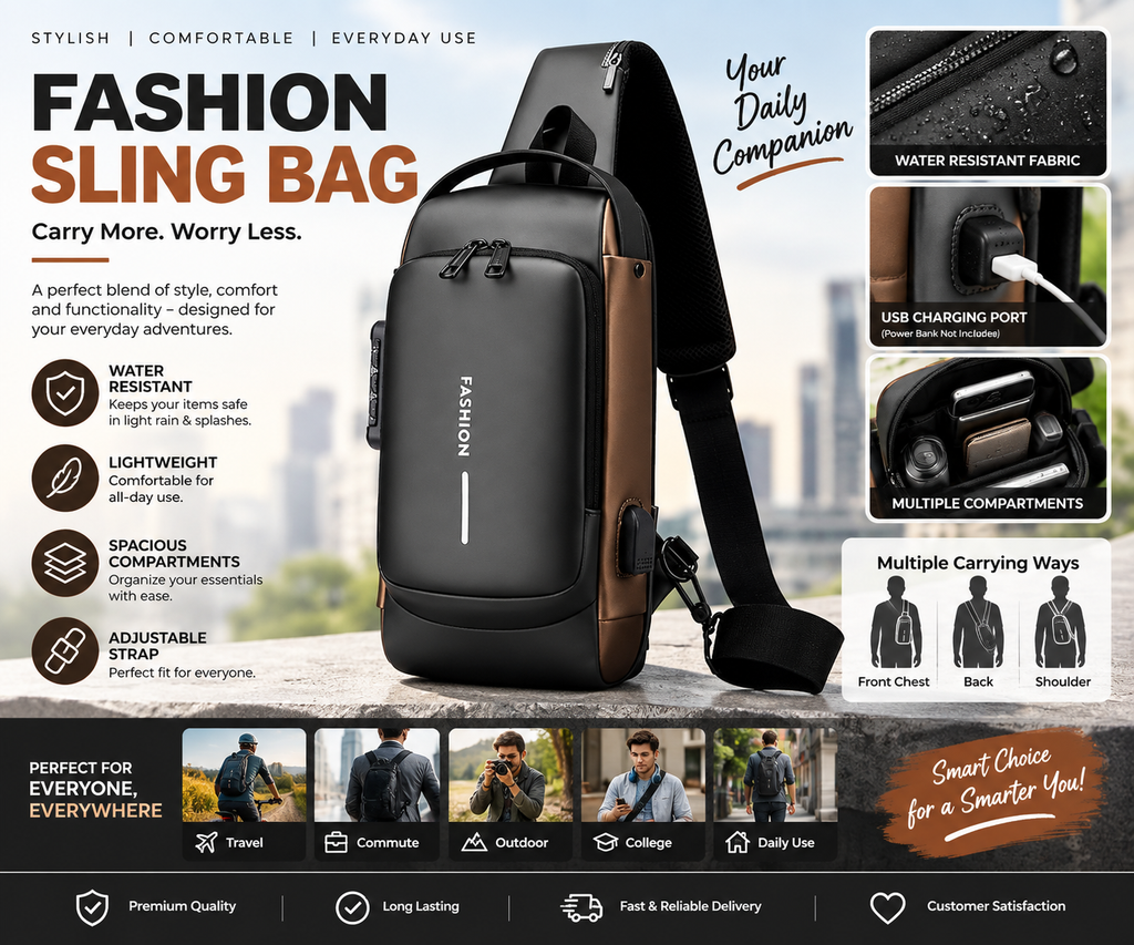 Fashion Sling Bag for Men & Women – Water Resistant Crossbody Chest Bag with Multiple Compartments
