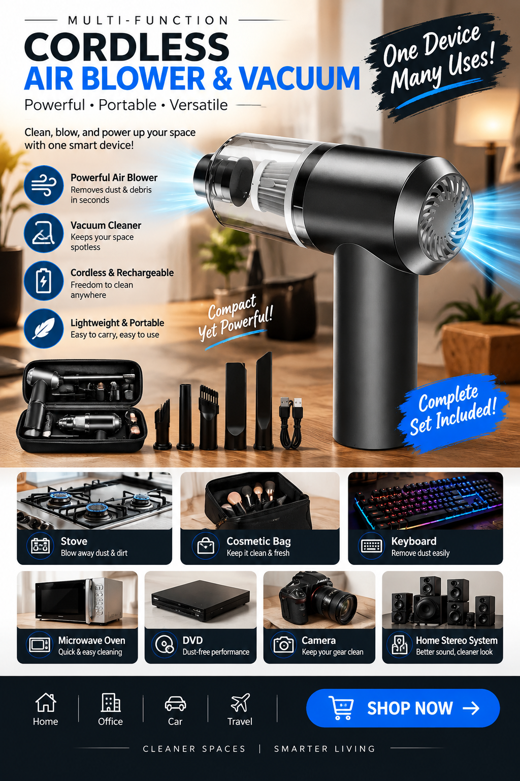 Cordless Air Duster & Vacuum Cleaner – 2-in-1 Portable Cleaning Device