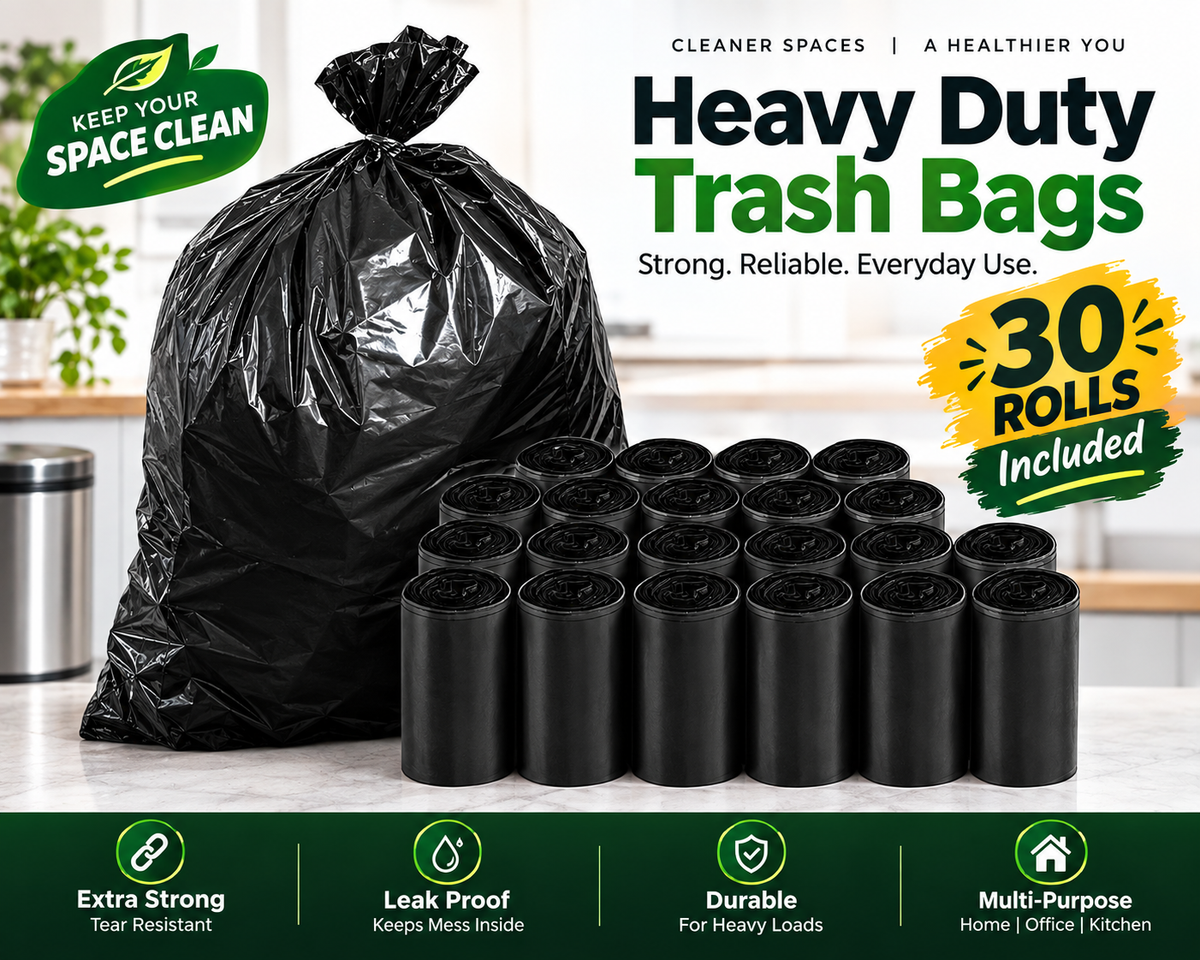 Heavy Duty Black Garbage Bags – 30 Rolls | Extra Strong, Leak-Proof & Tear-Resistant Trash Bags